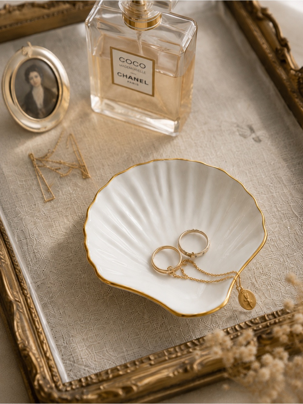 H&M HOME White Shell Porcelain Dessert Plate Gold Trim 4.5”